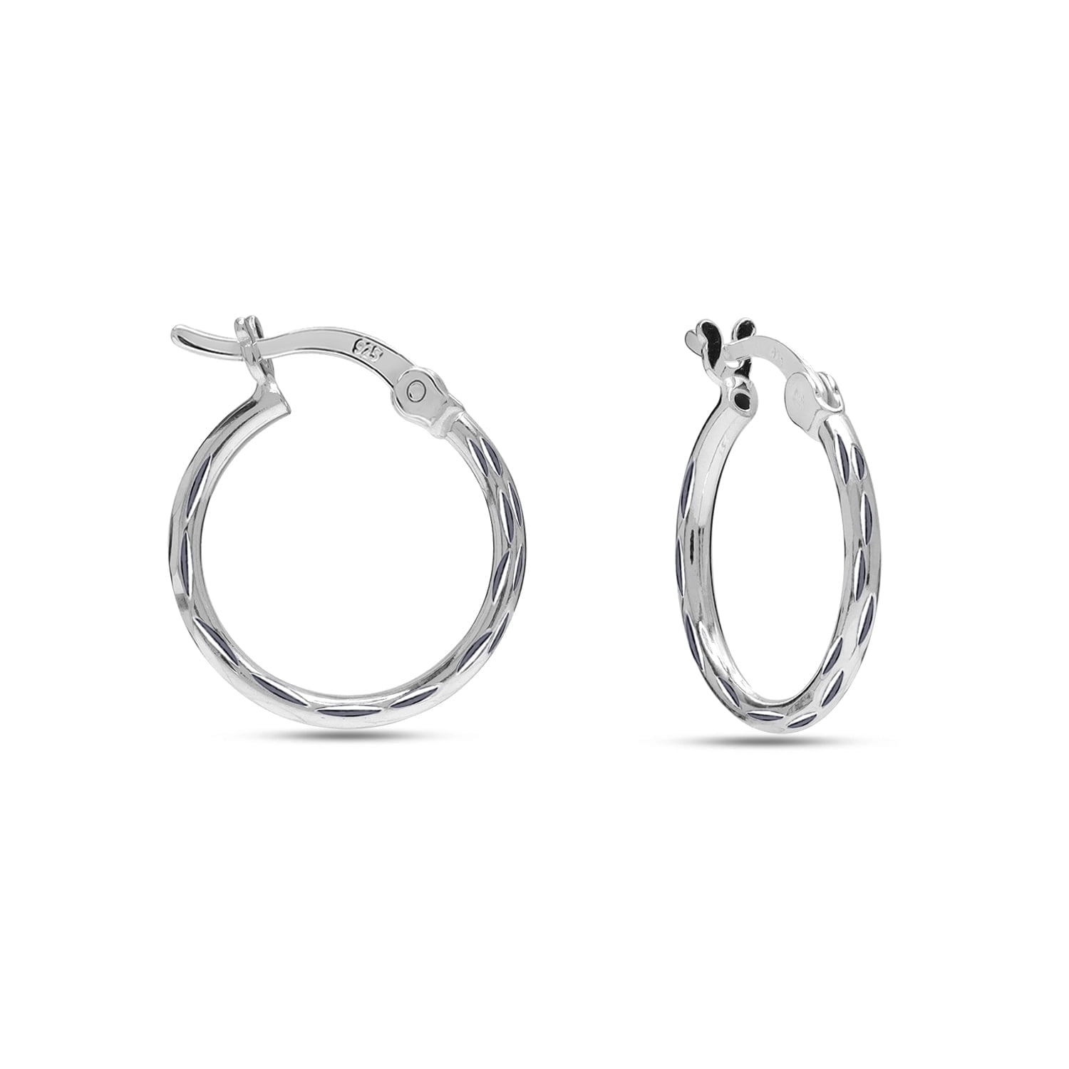 LeCalla 925 Sterling Silver Hoop Earrings for Women | Small Classic Diamond-Cut Textured Hoops Earring | Womens Click-Top Earring Hoop 15MM