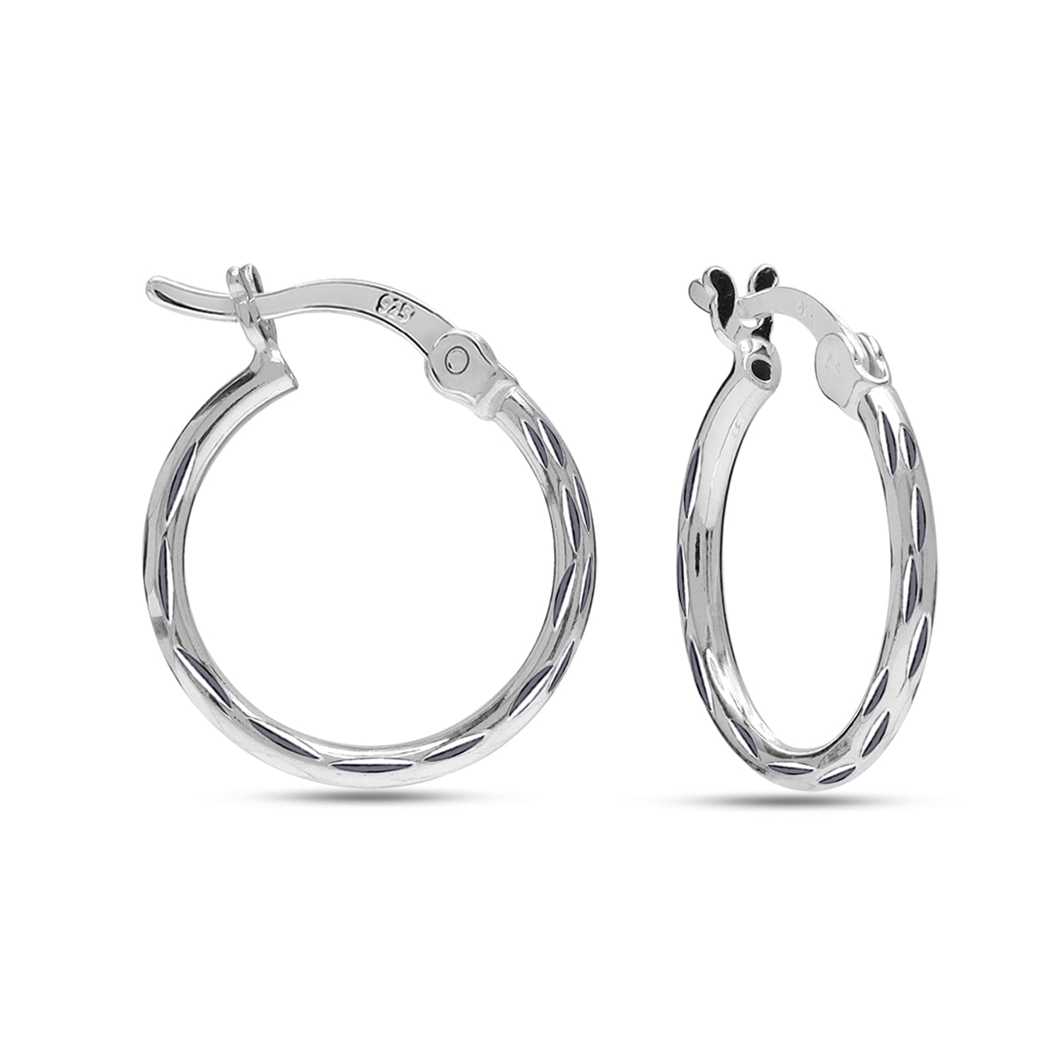 LeCalla 925 Sterling Silver Hoop Earrings for Women | Small Classic Diamond-Cut Textured Hoops Earring | Womens Click-Top Earring Hoop 25MM