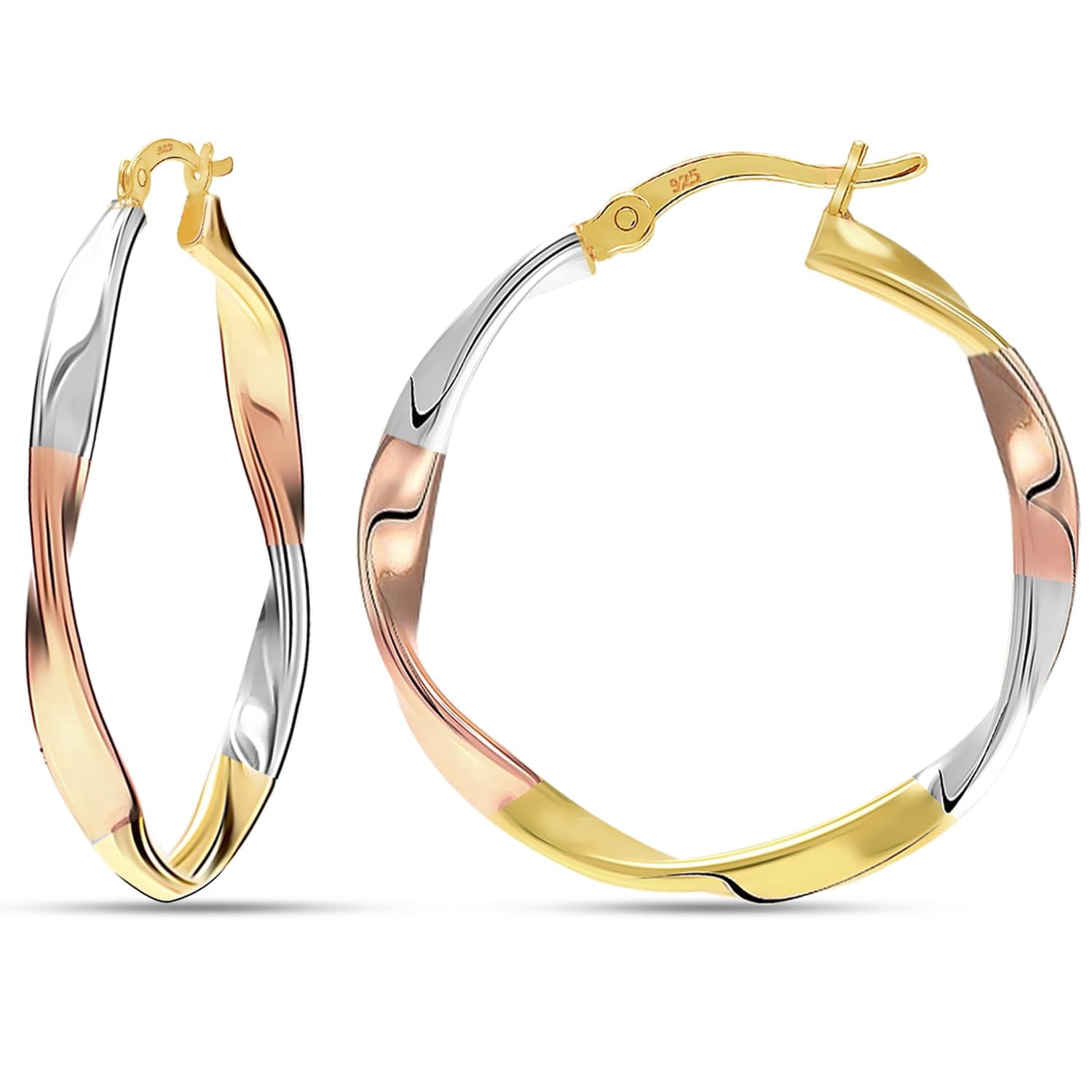LeCalla 925 Sterling Silver Hoop Earrings for Women | Three-Tone Round Hoops
