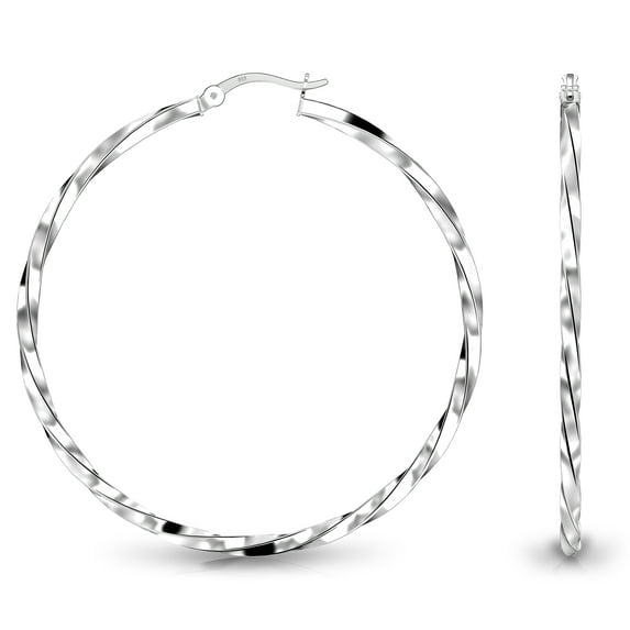 LeCalla Sterling Silver ANTI-TARNISH Twisted Round Click-Top Hoop Earrings for Women 50MM