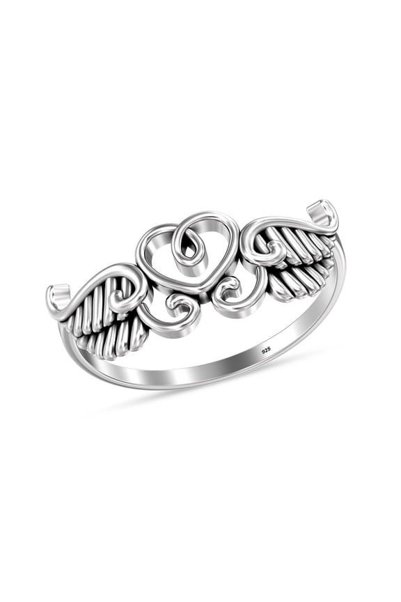 925 Sterling Silver Hypoallergenic Angel Wings Heart Rings for Women (Size - 8)