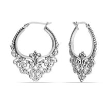 LeCalla 925 Sterling Silver Hypoallergenic Antique Filigree Oval Hanging Click-Top Hoop Earrings for Women and Teen 35MM