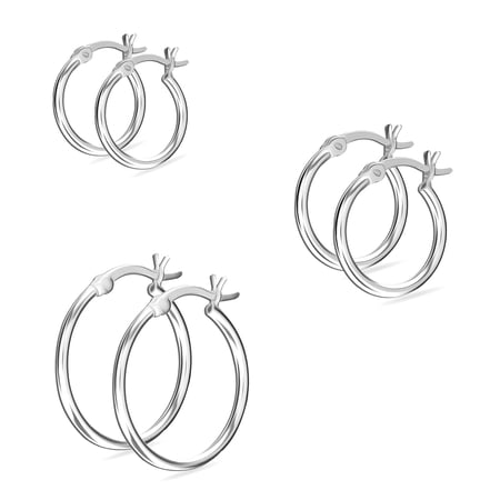 LeCalla Sterling Silver Earrings Set Light-Weight Womens Click-Top Hoop Earrings for Women (12mm, 15mm, 20mm) Set of 3 Pairs