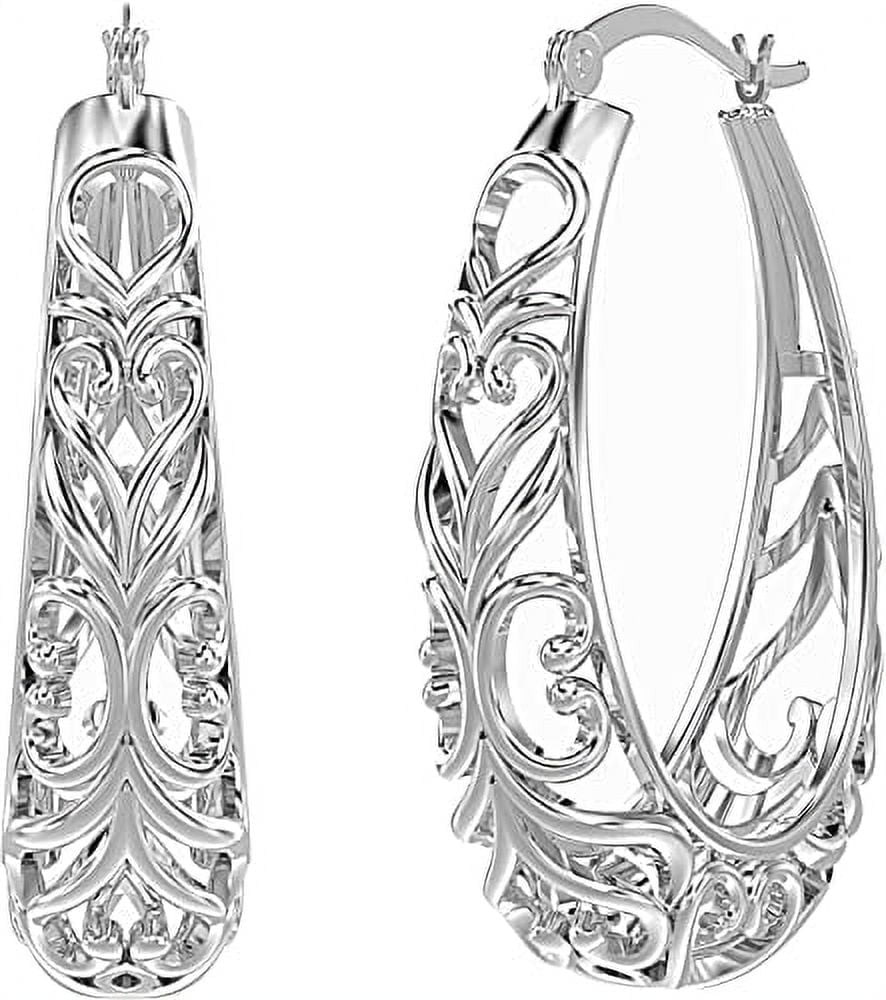 LECALLA 925 Sterling Silver Hypoallergenic Click-Top Oval Filigree Hoop Earrings Jewelry Gifts for Women 32MM