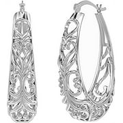 LeCalla 925 Sterling Silver Hypoallergenic Click-Top Oval Filigree Hoop Earrings Jewelry Gifts for Women 32MM