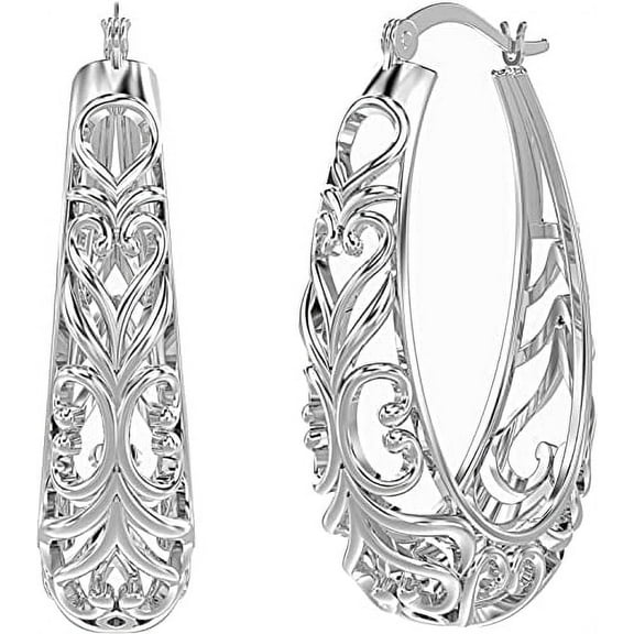 LeCalla 925 Sterling Silver Hypoallergenic Filigree Hoop Earrings, 32MM (Women's)