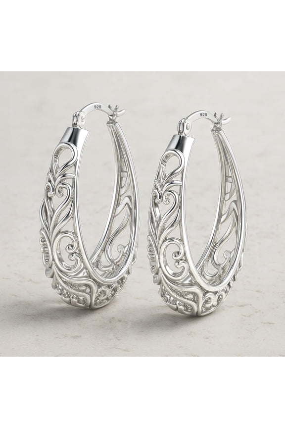 925 Sterling Silver Hypoallergenic Click-Top Oval Filigree Hoop Earrings Jewelry Gifts for Women 32MM