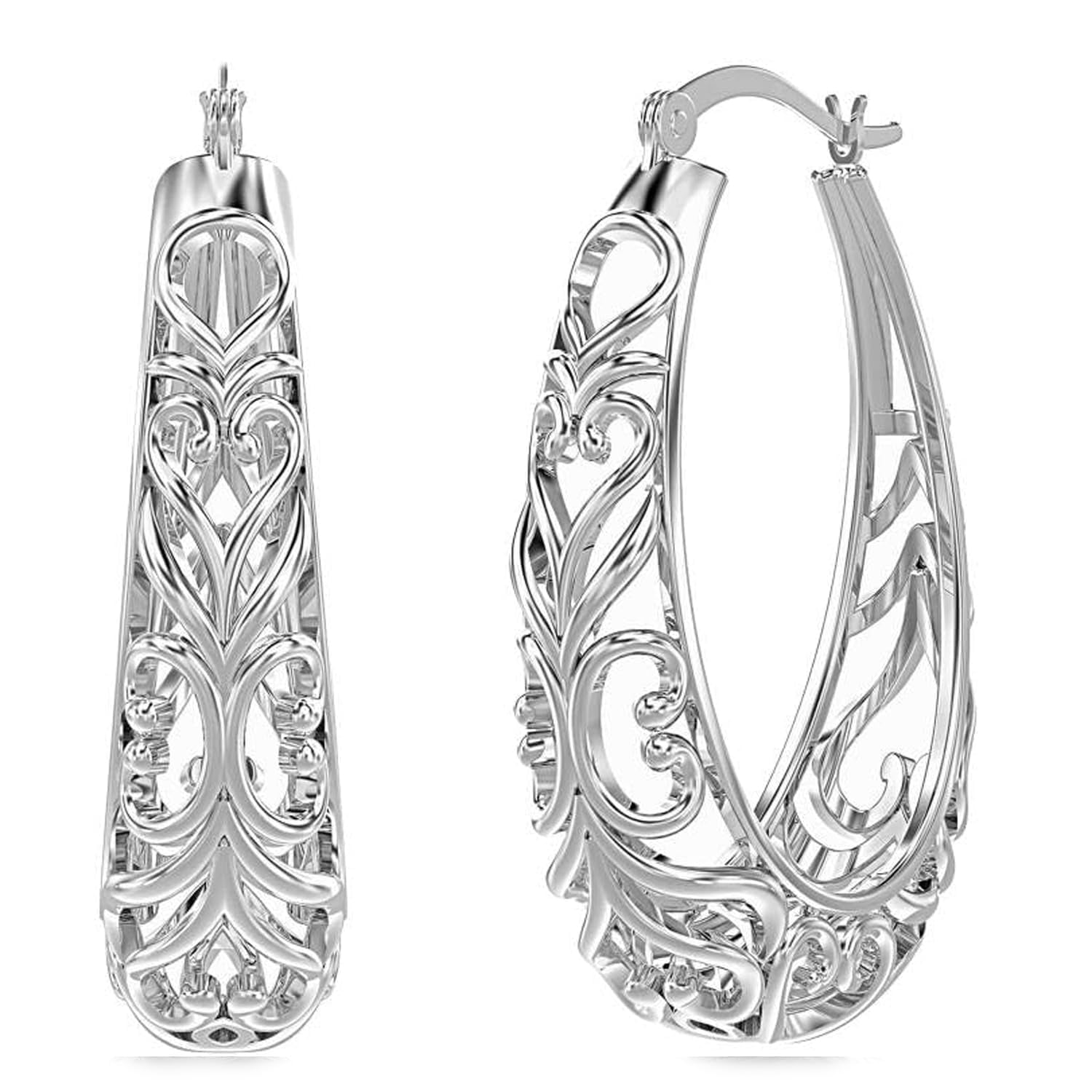 LeCalla 925 Sterling Silver Hoop Earring Click-Top Filigree Hoop Earrings for Women 32MM