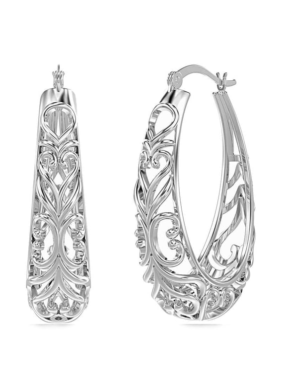 925 Sterling Silver Hoop Earring Click-Top Filigree Hoop Earrings for Women 32MM