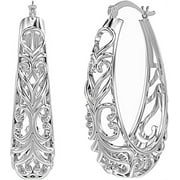 LeCalla 925 Sterling Silver Hypoallergenic Click-Top Oval Filigree Hoop Earrings Jewelry Gifts for Women and Teen Girls 32MM