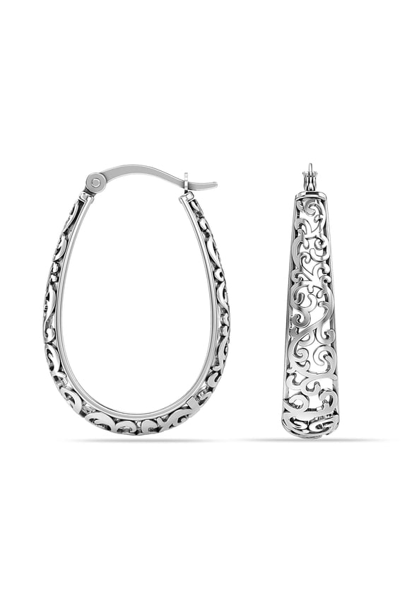 925 Sterling Silver Hypoallergenic Click Top Oval Filigree Hoop Earrings Jewelry for Women and Teen 27MM