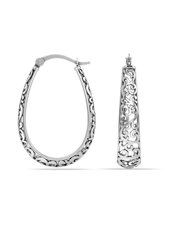 925 Sterling Silver Hypoallergenic Click Top Oval Filigree Hoop Earrings Jewelry for Women and Teen 27MM