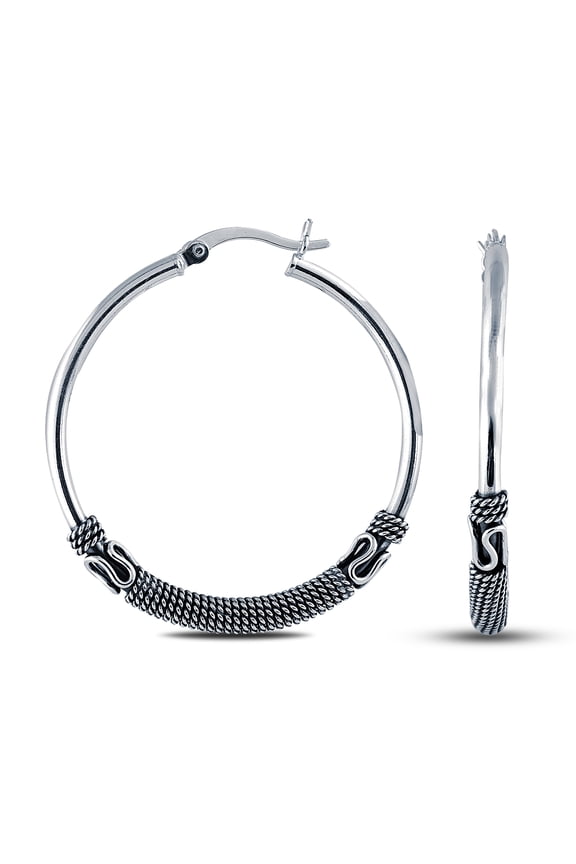 925 Sterling Silver Hypoallergenic Click-Top Oxidized Balinese Hoop Earrings Jewelry for Women and Teen 35MM