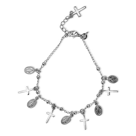 LeCalla 925 Sterling Silver Hypoallergenic Cross Mother Mary Religious Adjustable Bracelets Jewelry Gifts for Women and Teen Girls 8" Inch