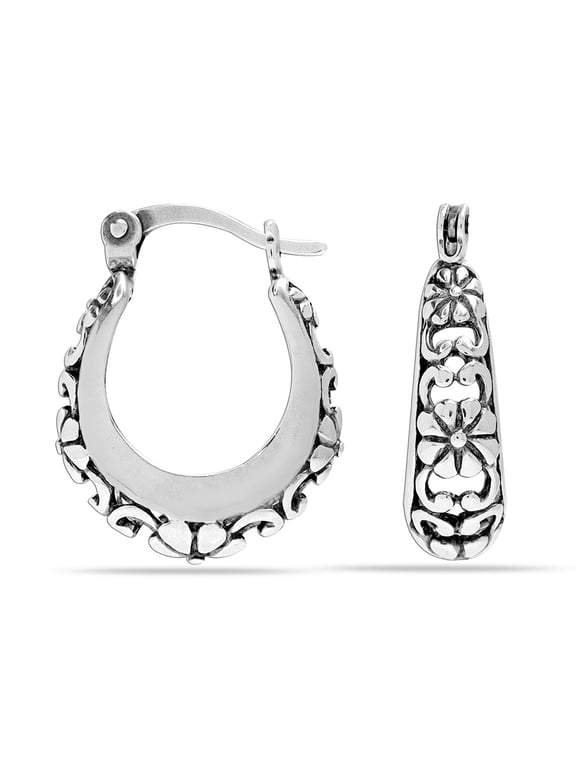 925 Sterling Silver Hypoallergenic Floral Design Click Top Oval Filigree Hoop Earrings Jewelry Gifts for Women and Teen 18MM