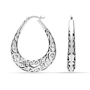 LeCalla 925 Sterling Silver Hypoallergenic Italian Antique Click Top Oval Filigree Hoop Earrings for Women and Teen Girls 42MM