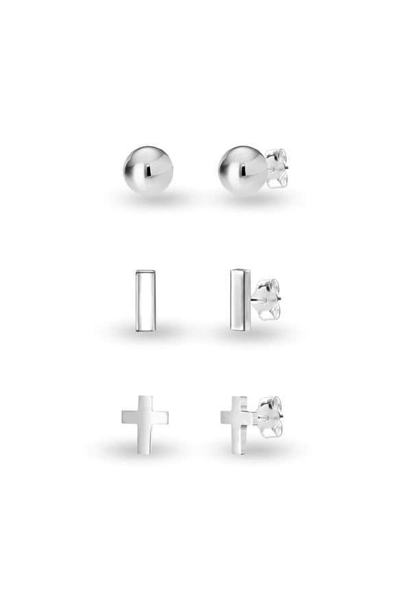 925 Sterling Silver Hypoallergenic Light-Weight Classic Ball, Cross and Bar Post Stud Earrings Teen and Women Set of 3 Pairs 5MM
