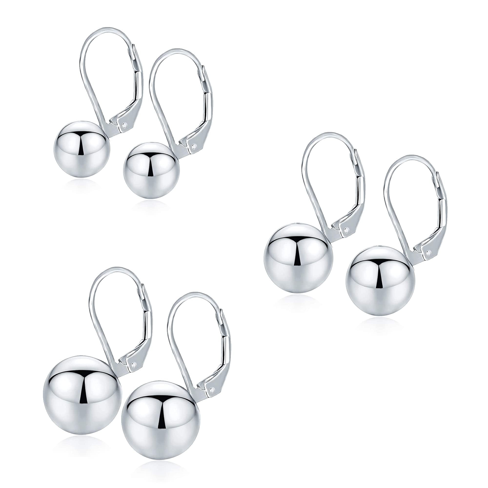 LeCalla 925 Sterling Silver Hypoallergenic Light-Weight Classic Ball Drop Dangle Lever-Back Earrings for Women and Teen Set of 3 Pairs (6MM, 8MM, 10MM)