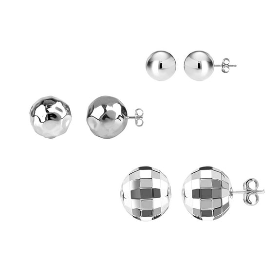 LeCalla 925 Sterling Silver Hypoallergenic Light-Weight Classic, Hammered and Disco Small Ball Stud Earrings for Women and Teen Set of 3 Pairs (3MM, 6MM, 8MM)
