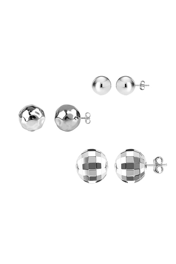 925 Sterling Silver Hypoallergenic Light-Weight Classic, Hammered and Disco Small Ball Stud Earrings for Women and Teen Set of 3 Pairs (3MM, 6MM, 8MM)