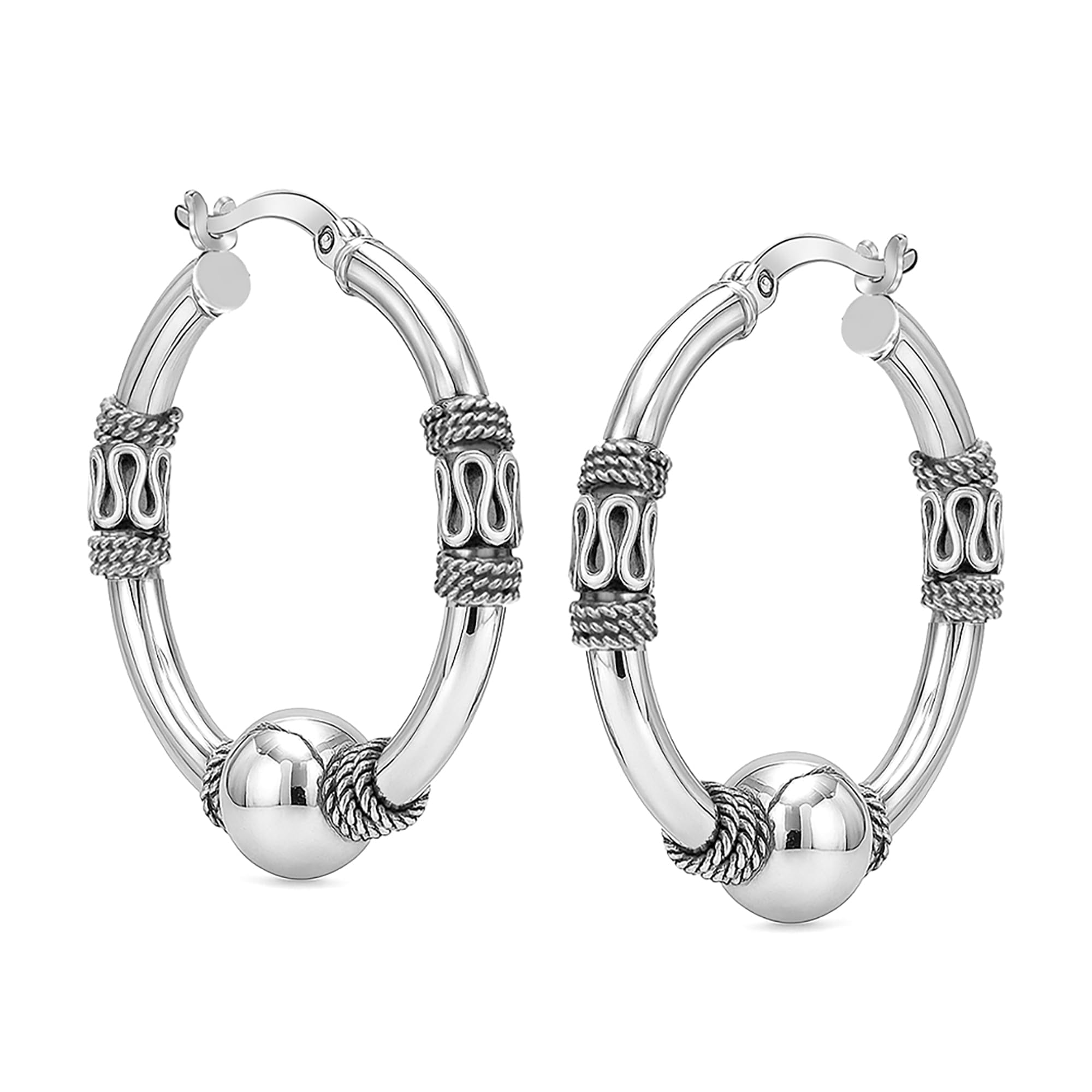 LeCalla 925 Sterling Silver Hypoallergenic Light-Weight Oxidized Click Top Balinese Hoop Earrings for Women and Teen 30MM