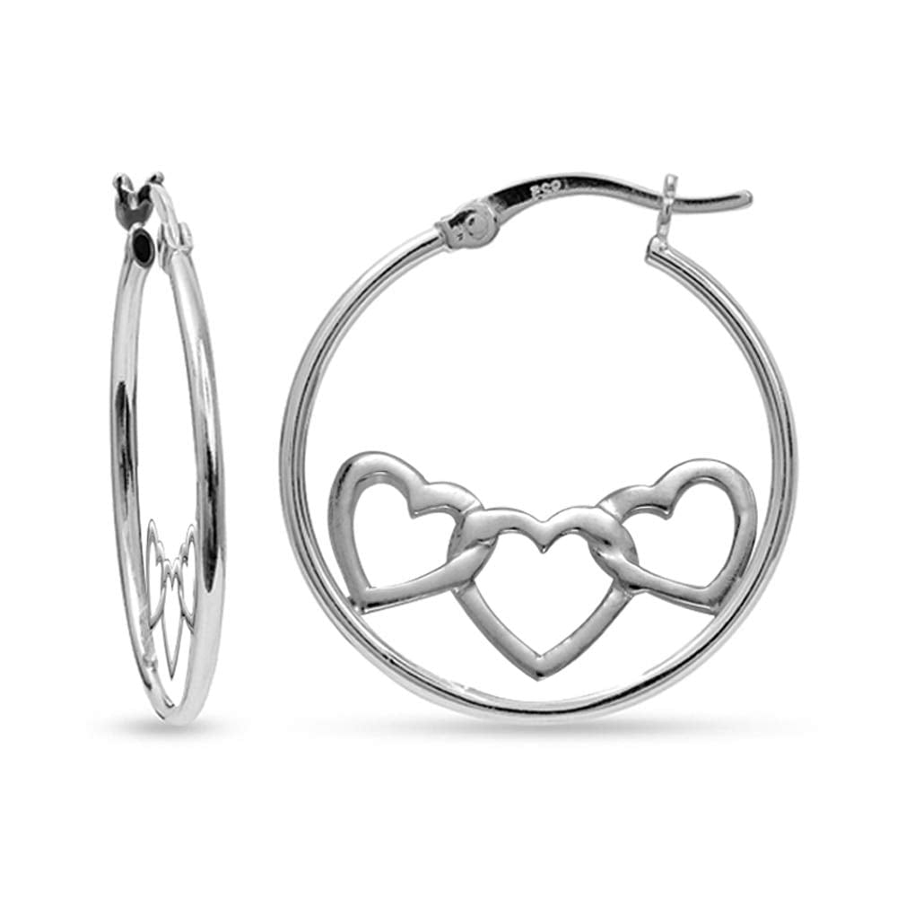 LeCalla 925 Sterling Silver Hypoallergenic Light-Weight Three-Heart Twisted Click Top Hoop Earrings for Women and Teen 20MM
