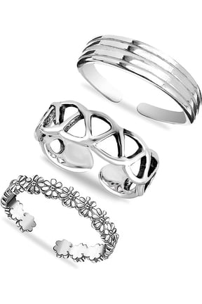 925 Sterling Silver Hypoallergenic SET of 3 Pcs Cutwork Flower Design Hawaiian Leaf Open Adjustable Band Toe Rings for Women