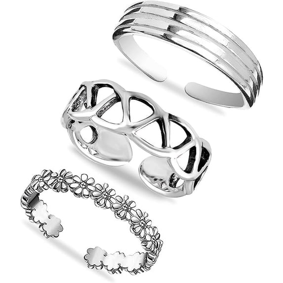 LeCalla 925 Sterling Silver Hypoallergenic SET of 3 Pcs Cutwork Flower Design Hawaiian Leaf Open Adjustable Band Toe Rings for Women