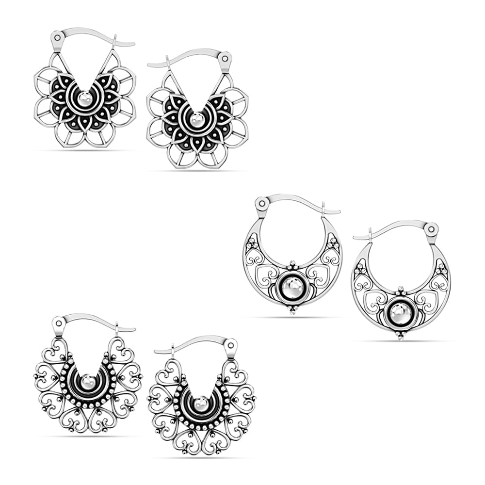 LeCalla 925 Sterling Silver Hypoallergenic SMALL Click-Top Filigree Hoop Earrings Jewelry for Female and Teen Set of 3 Pair (15MM, 15MM, 15MM)