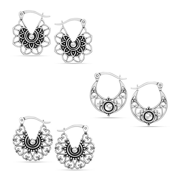 LeCalla 925 Sterling Silver Hypoallergenic SMALL Click-Top Filigree Hoop Earrings Jewelry for Female and Teen Set of 3 Pair (15MM, 15MM, 15MM)
