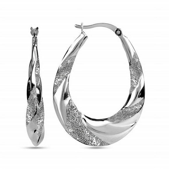 LeCalla 925 Sterling Silver Hypoallergenic Shrimp Classic Diamond-Cut Click Top Oval Hoop Earrings for Women and Teen 38MM