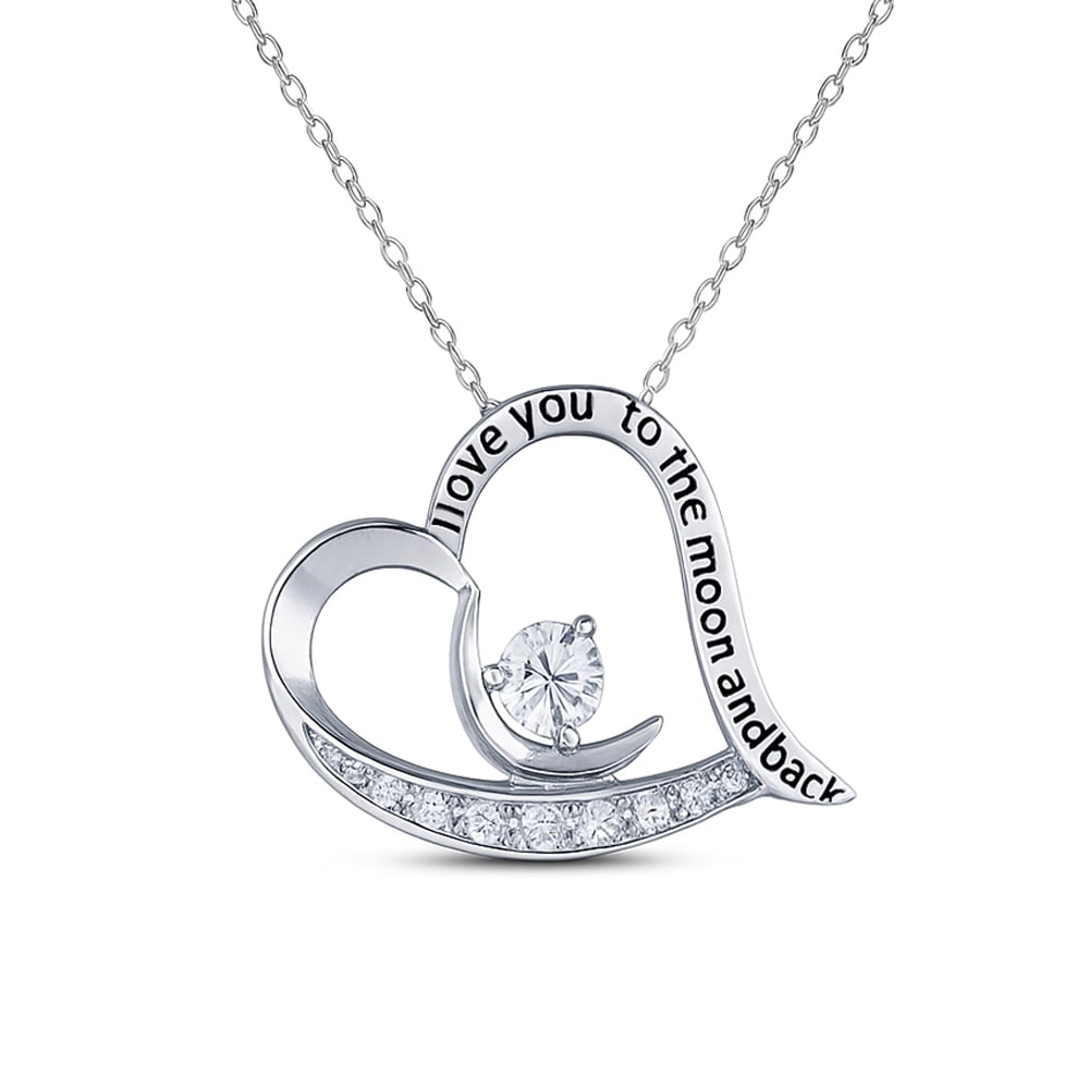 LeCalla 925 Sterling Silver Inspiration Engraved Necklace I-Love-You To-The-Moon-And-Back Heart Pendant with Chain Jewelry Gifts for Women and Teen 18+2" Inch
