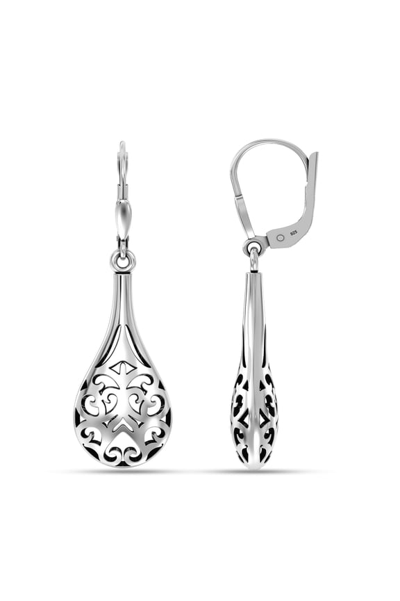 925 Sterling Silver Inspired Filigree Lever-Back Puffed Raindrop Dangle Earrings for Women and Teen 40MM