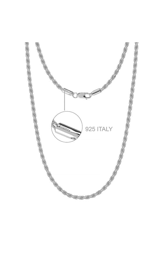 Hypoallergenic 925 Sterling Silver 2MM Italian Rope Chain Necklace, 22 Inch (Men's/Women's)