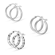 LeCalla 925 Sterling Silver Light-Weight Hypoallergenic Diamond-Cut Click Top Hoop Earrings for Women and Teen Girls Set of 3 Pair (15mm, 21mm, 25mm)