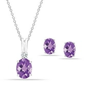 LeCalla 925 Sterling Silver Jewelry Amethyst Gemstone Pendant Necklace and Earring Set Gifts for Women and Teen Girls 18" Inch