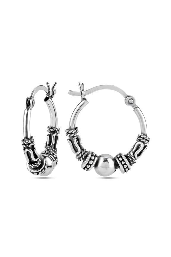 925 Sterling Silver Jewelry Antique Balinese Beaded Hoop Earring for Teen and Women 17MM