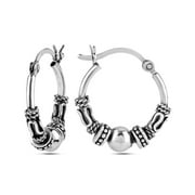 LeCalla 925 Sterling Silver Jewelry Antique Balinese Beaded Hoop Earring for Teen and Women 17MM
