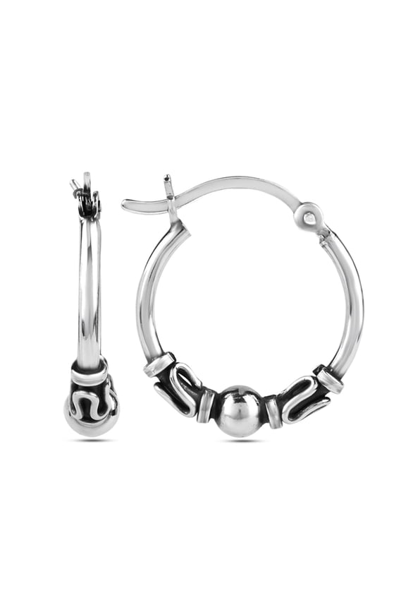 925 Sterling Silver Jewelry Antique Balinese Beaded Hoop Earring for Teen and Women 17MM