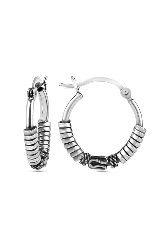 925 Sterling Silver Jewelry Antique Balinese Beaded Hoop Earring for Women and Teen 20MM