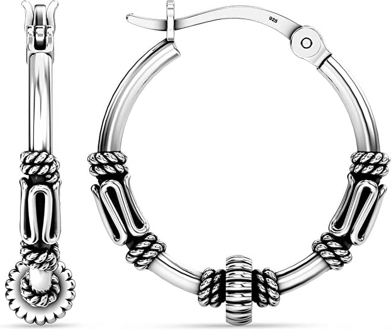 LeCalla 925 Sterling Silver Jewelry Antique Balinese Beaded Hoop Earrings for Women and Teen 17MM