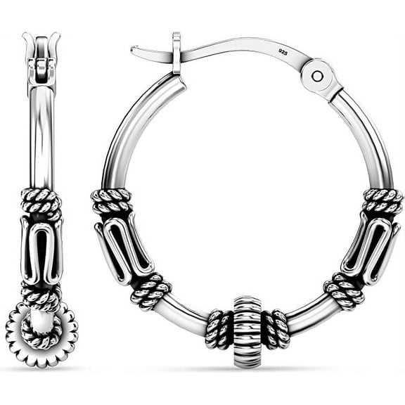 LeCalla 925 Sterling Silver Jewelry Antique Balinese Beaded Hoop Earrings for Women and Teen 17MM