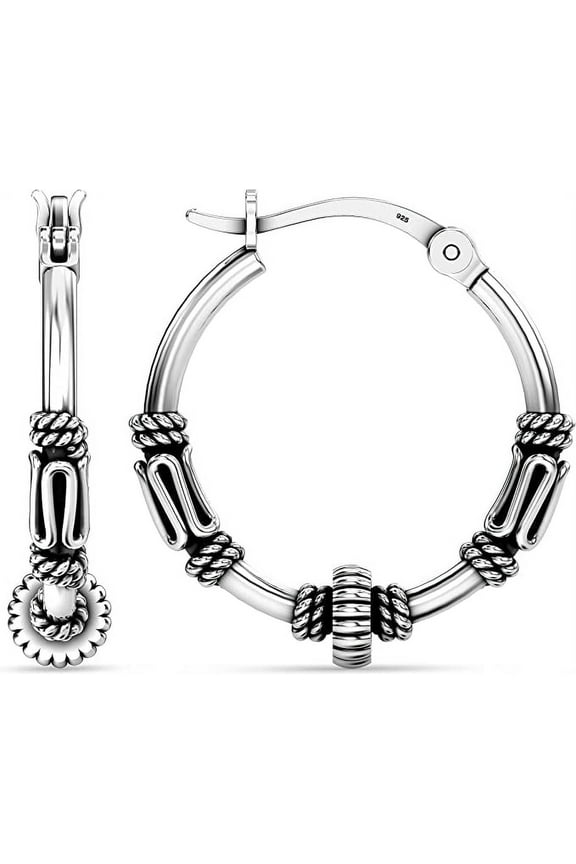 925 Sterling Silver Jewelry Antique Balinese Beaded Hoop Earrings for Women and Teen 17MM