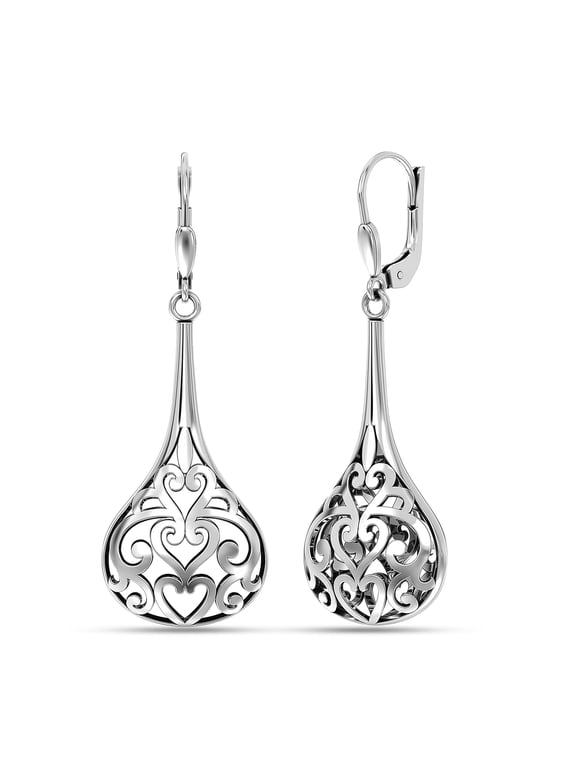 925 Sterling Silver Jewelry Antique Filigree Bali Inspired Lever-Back Drop Dangle Earrings for Women and Teen 47MM
