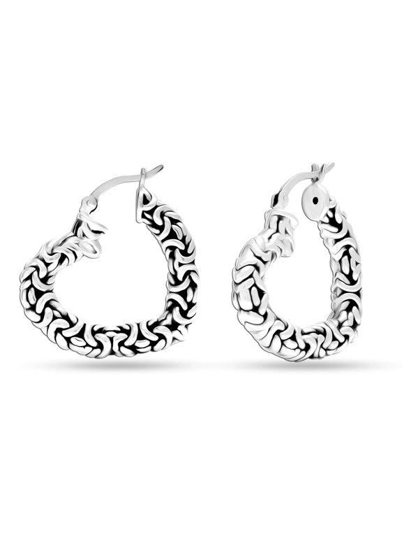 925 Sterling Silver Jewelry Antique Heart Shape Click-Top Byzantine Hoop Earrings for Women and Teen 27MM