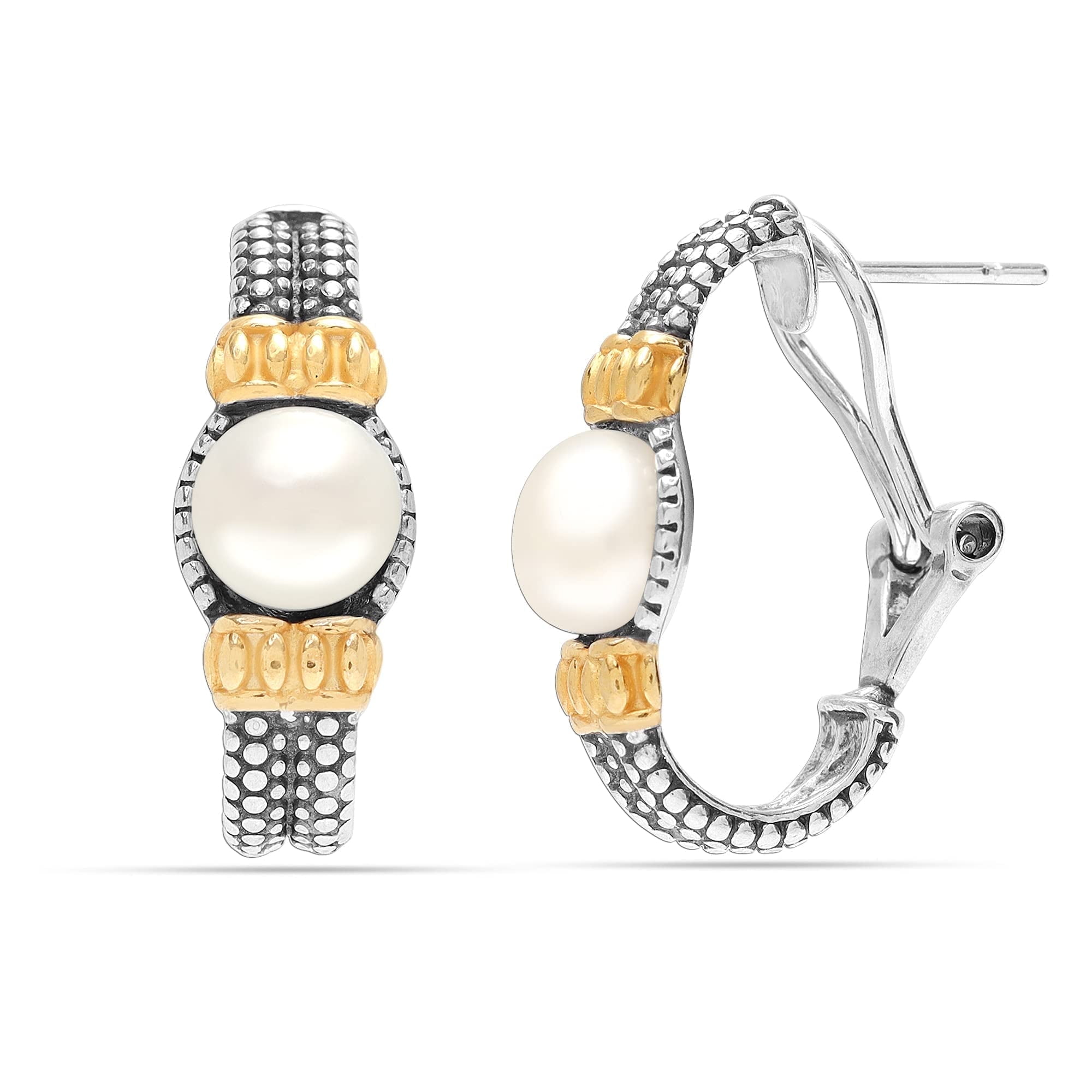 LeCalla 925 Sterling Silver Jewelry Caviar Bead Two-Tone Pearl Omega Back Earrings for Women and Teen 25MM