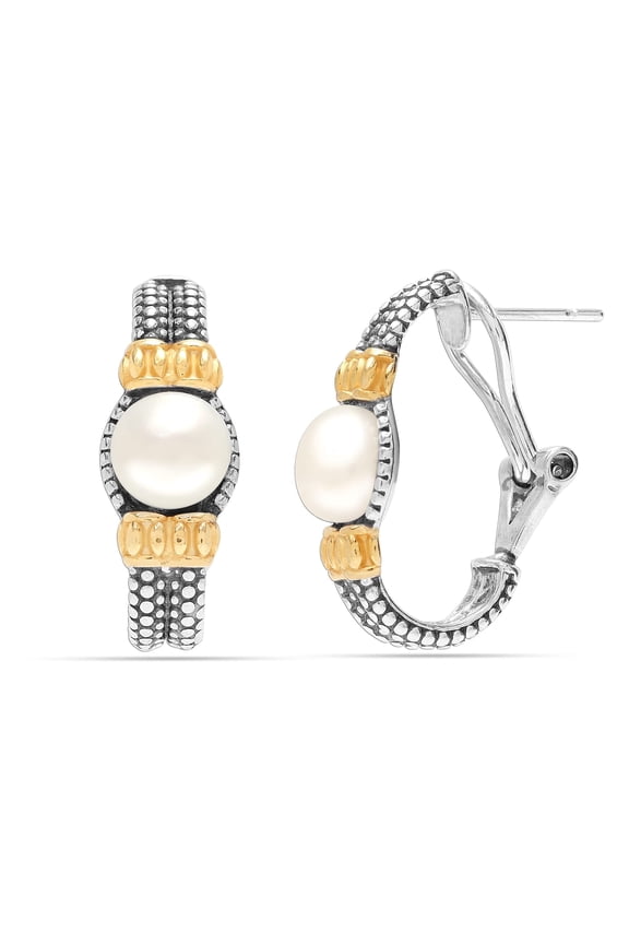 925 Sterling Silver Jewelry Caviar Bead Two-Tone Pearl Omega Back Earrings for Women and Teen 25MM