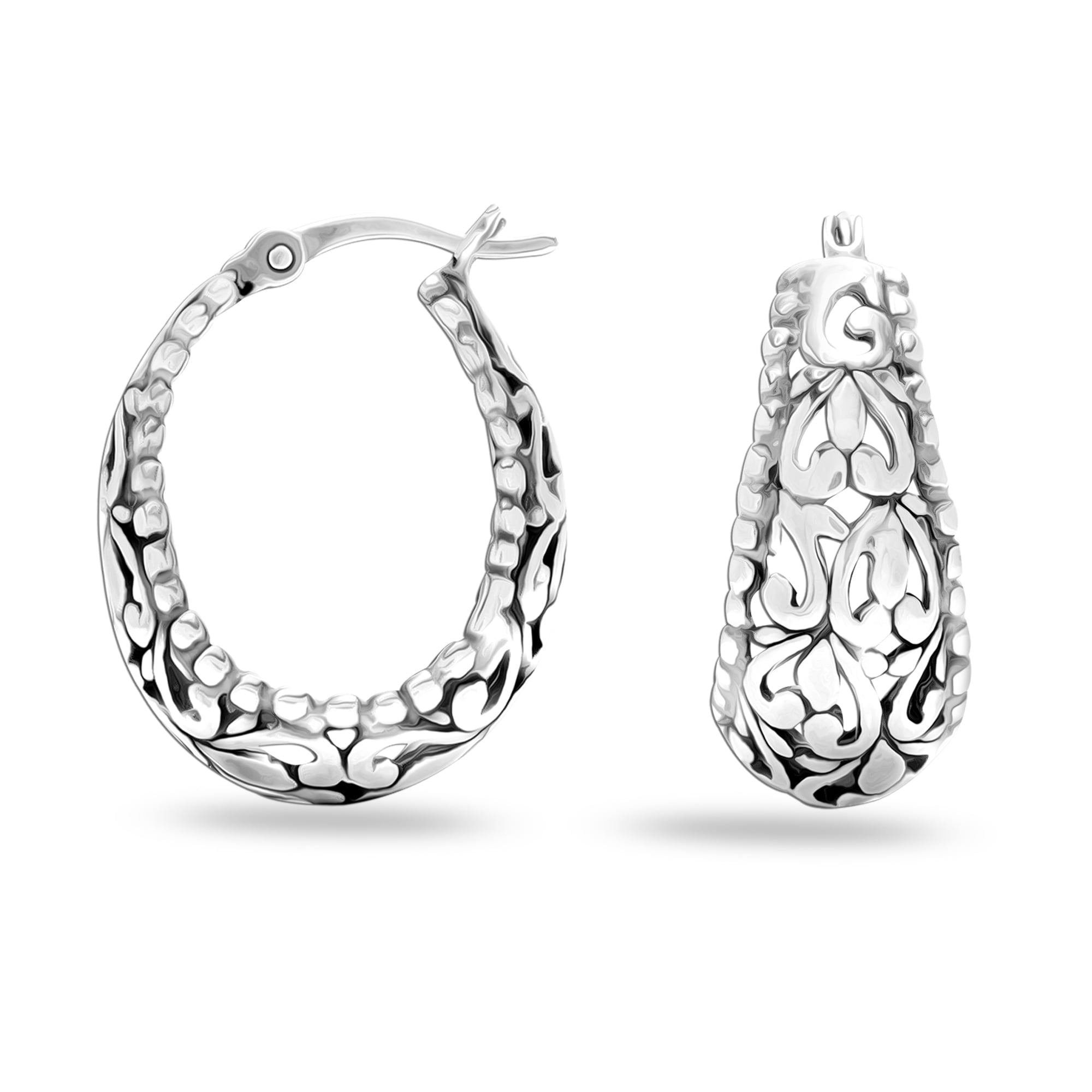 LeCalla 925 Sterling Silver Jewelry Floral Design Light-Weight Oval Filigree Hoop Earrings for Women and Teen 25MM
