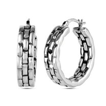 LeCalla 925 Sterling Silver Jewelry Light-Weight Bricks Texture Antique Round Hoop Earrings for Women and Teen 25MM
