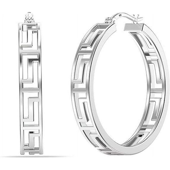 LeCalla 925 Sterling Silver Jewelry Light-Weight Greek Wall Cut-Out Hoop Earrings for Women and Teen 30MM